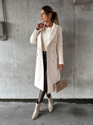Vreni Beige Zweireihiger Midi-Mantel für Damen | Klassischer Reverskragen Herbst Winter - S/M/L/XL/2XL