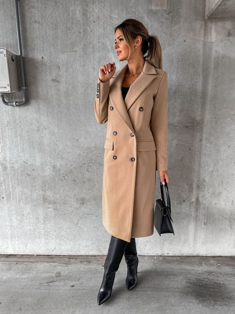 Vreni Beige Zweireihiger Midi-Mantel für Damen | Klassischer Reverskragen Herbst Winter - S/M/L/XL/2XL