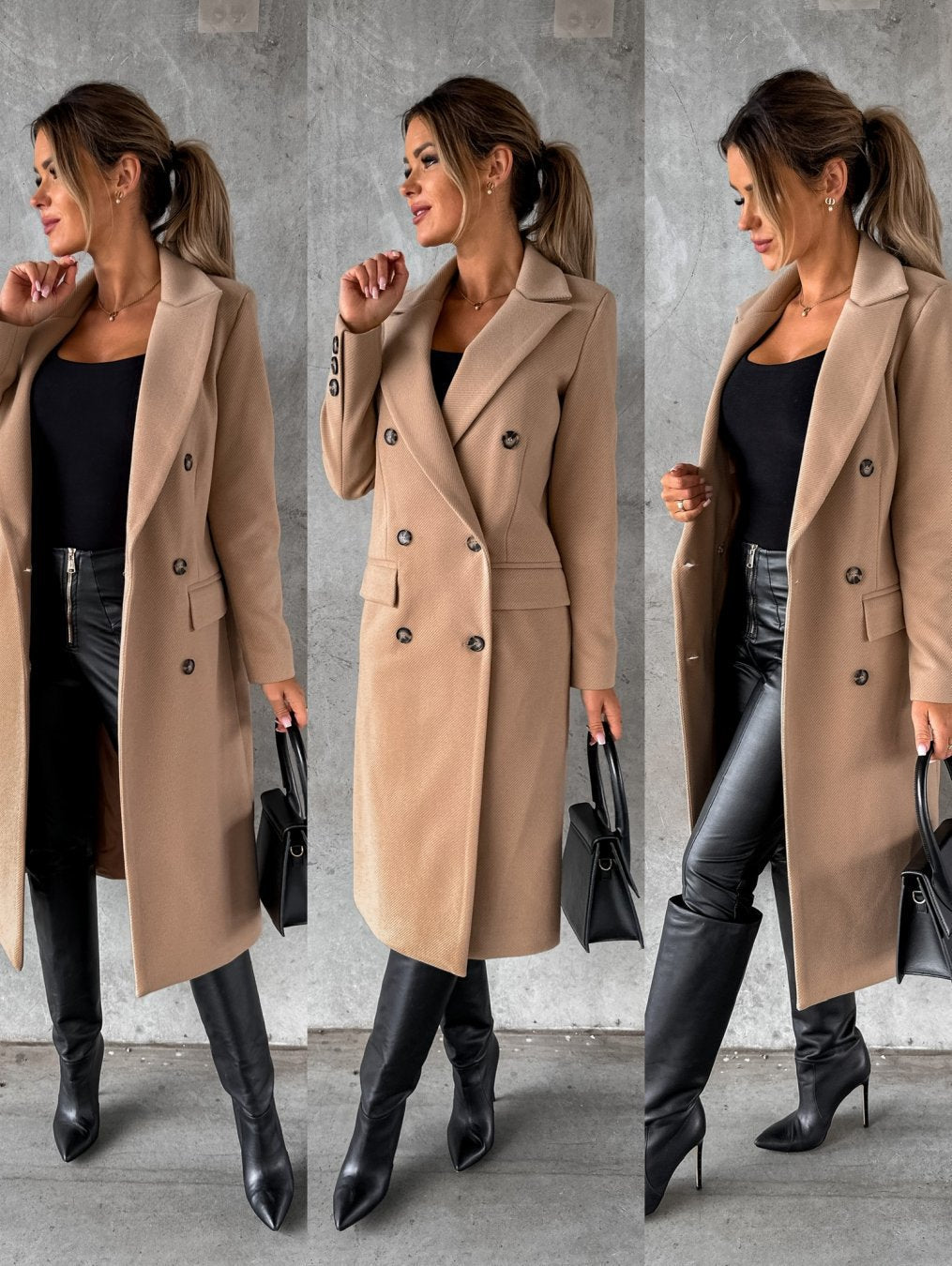 Vreni Beige Zweireihiger Midi-Mantel für Damen | Klassischer Reverskragen Herbst Winter - S/M/L/XL/2XL