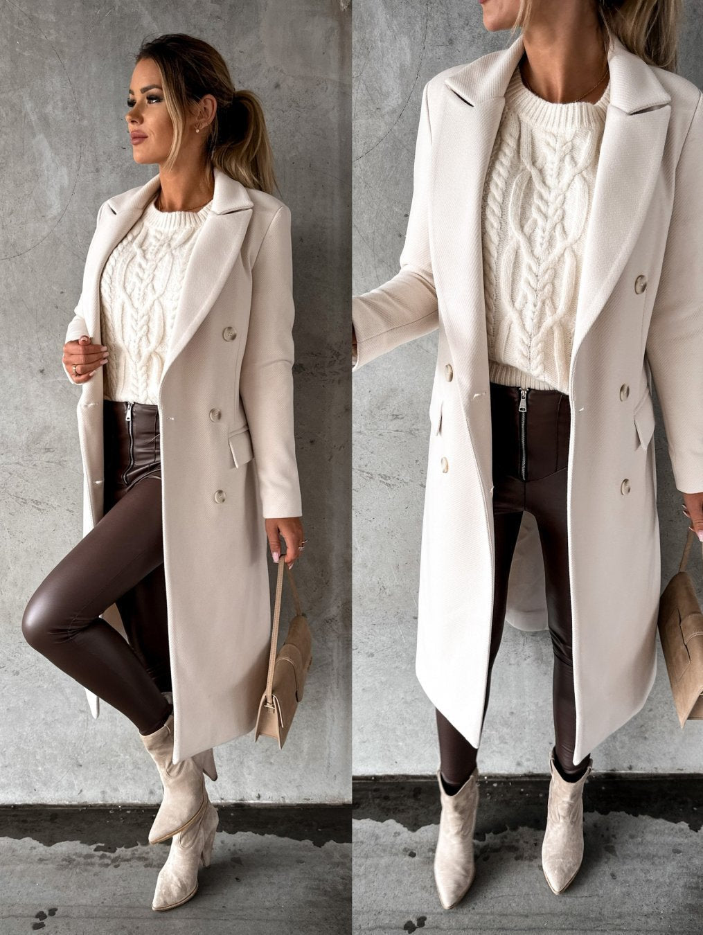 Vreni Beige Zweireihiger Midi-Mantel für Damen | Klassischer Reverskragen Herbst Winter - S/M/L/XL/2XL