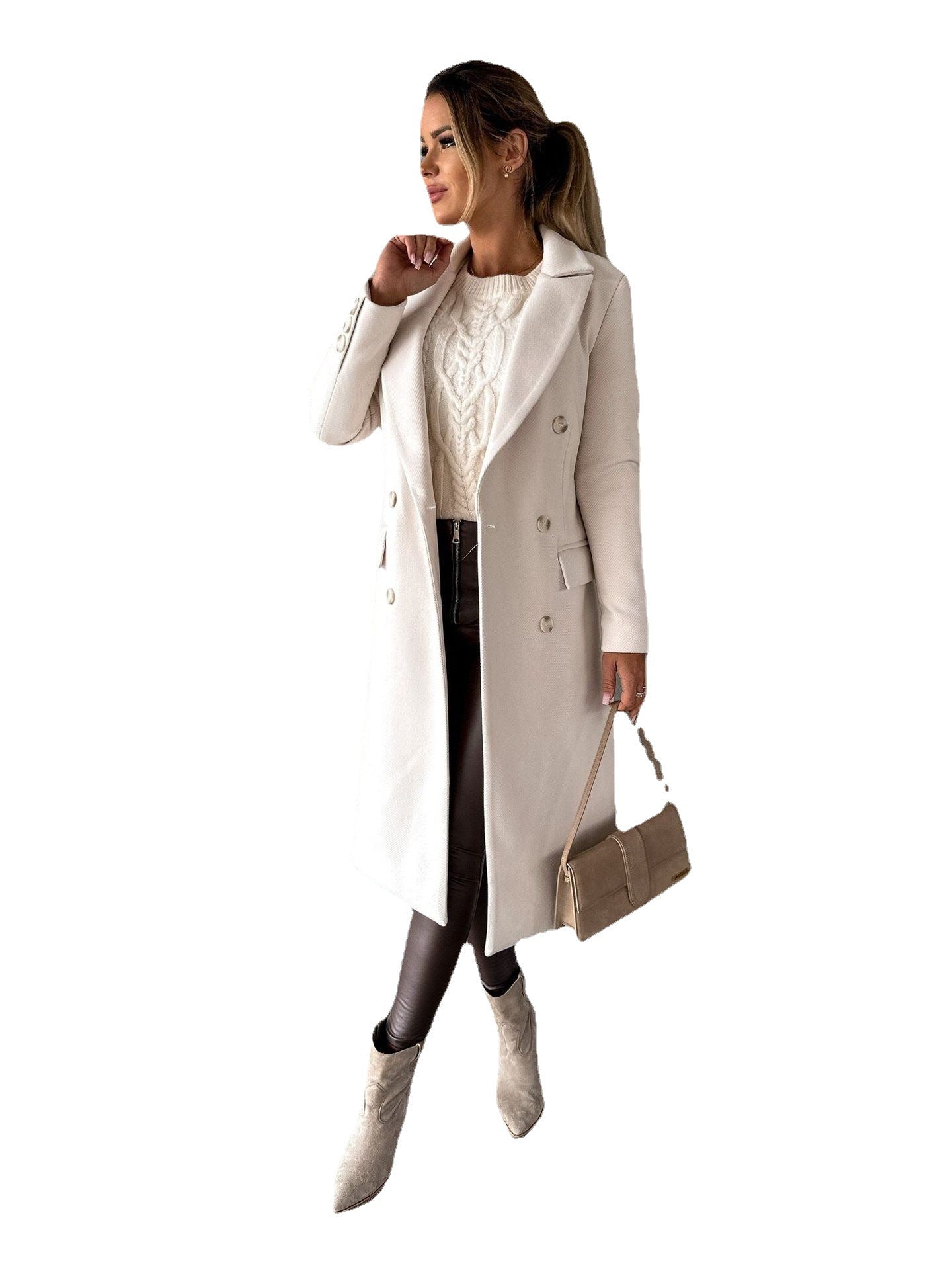 Vreni Beige Zweireihiger Midi-Mantel für Damen | Klassischer Reverskragen Herbst Winter - S/M/L/XL/2XL