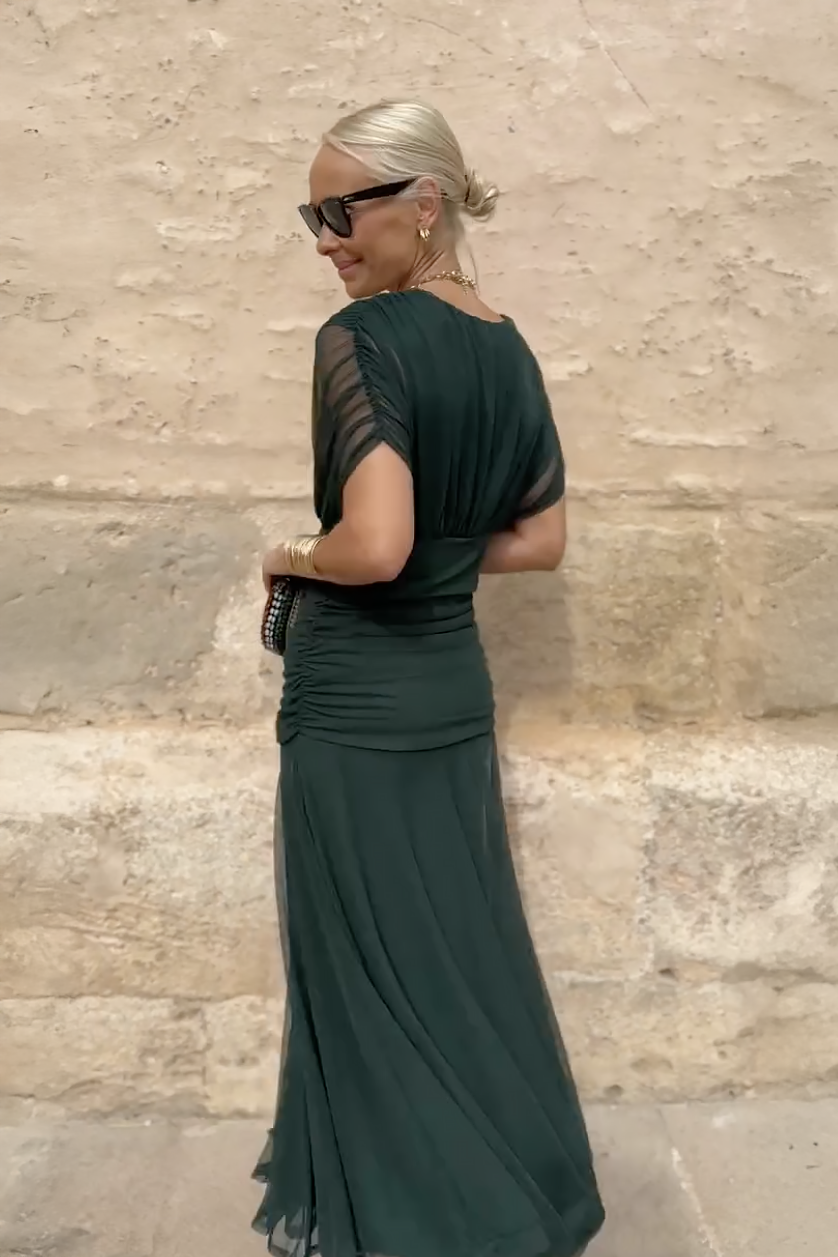 Sonja Smaragdgrün V-Ausschnitt Chiffon Maxikleid für Damen | Elegante Abendmode | Party und Hochzeit | Fliessende Silhouette - 8/10-22/24