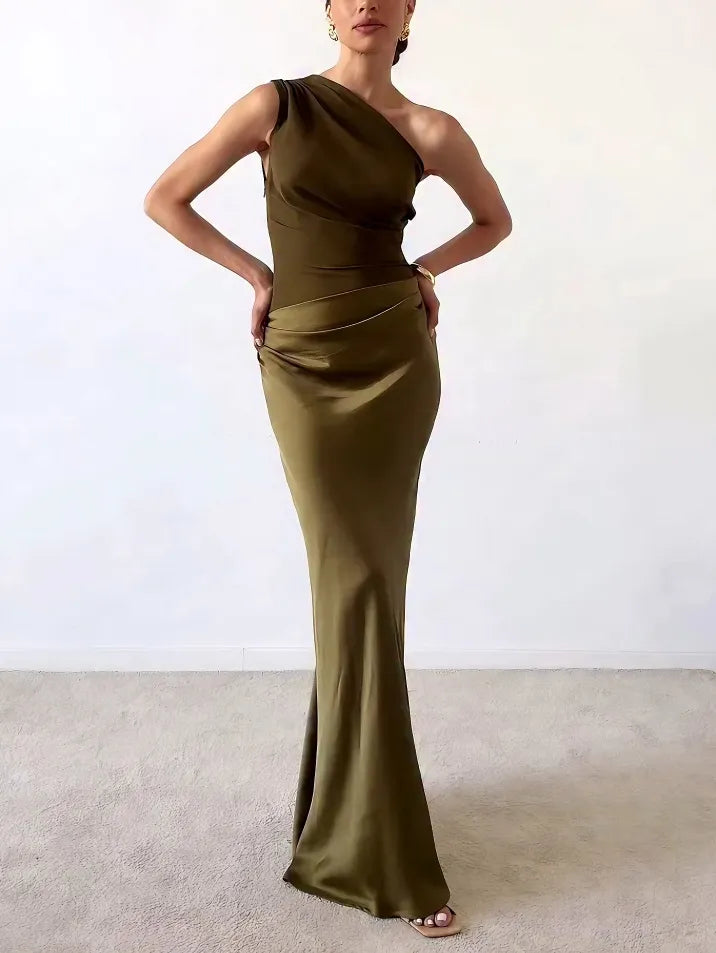 Doris Braun One-Shoulder Plissiertes Satin Maxikleid für Damen | Figurbetonend Elegant - XS/S/M/L/XL/2XL/3XL