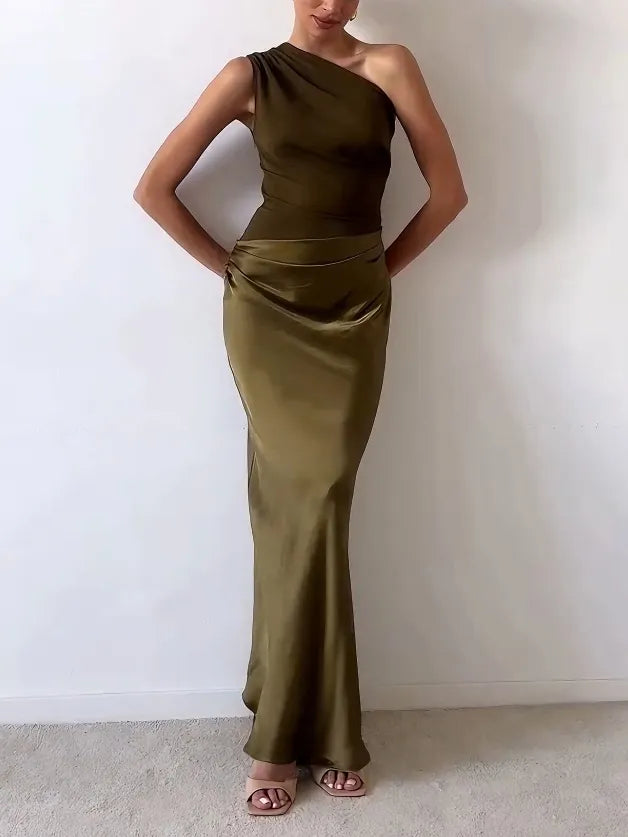 Doris Braun One-Shoulder Plissiertes Satin Maxikleid für Damen | Figurbetonend Elegant - XS/S/M/L/XL/2XL/3XL