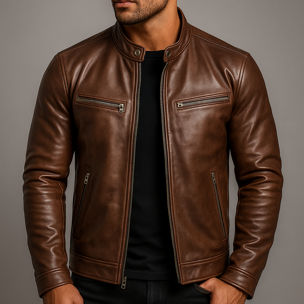 Werner Zigarrenbraun Vintage Leder-Optik Biker-Jacke für Herren | Casual Freizeit Vintage Stil - XS/S/M/L/XL/2XL/3XL
