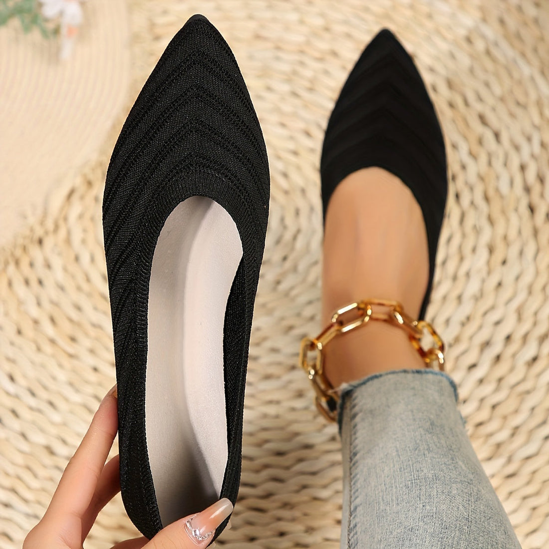 Nadine Aprikose Gestrickte Spitzschuh Flats für Damen | Leichter Slip-On Komfort | Alltag und Büro - 35/36/37/38/39/40/41/42/43
