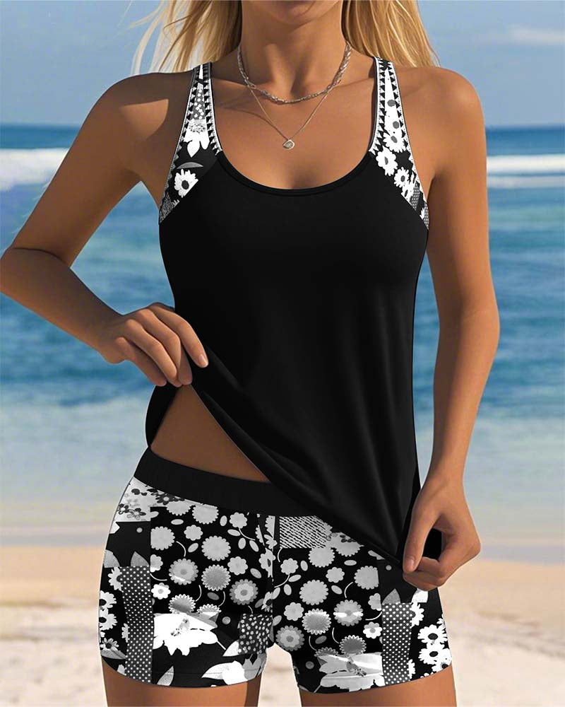 Hannelore Blau Zweiteiliges Tankini-Set für Damen | Leichter Racerback Schnitt | Strand und Pool | Florales Muster - S-3XL