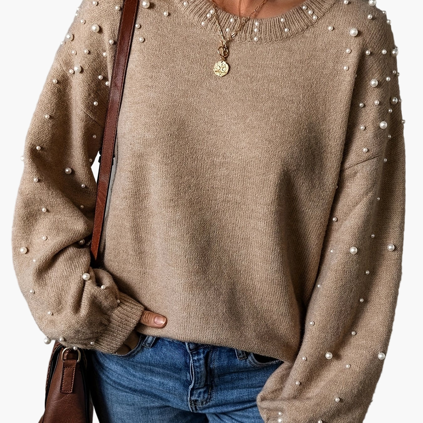 Vreni Khaki Pullover mit Perlenbesatz für Damen | Rundhals Strickpullover Elegant Casual - S/M/L/XL/2XL