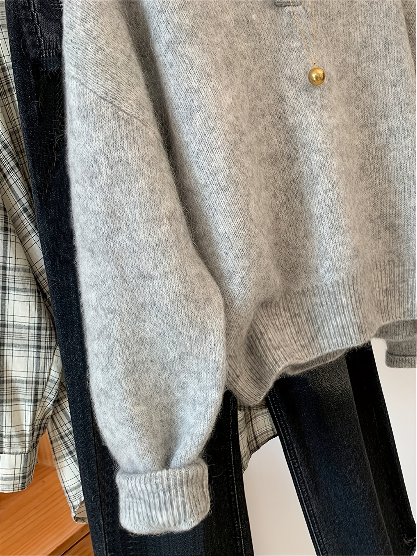 Verena Grau Oversized Strickpullover mit V-Ausschnitt und Kragen für Damen | Vintage Casual Herbst - S/M/L/XL/2XL