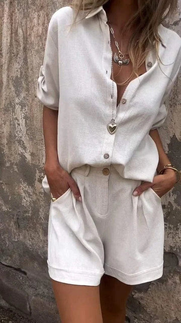 Claudia Weiss Leinenhemd und Shorts Set für Damen | Luftig Lässiger Sommerstil | Urlaub und Alltag | Atmungsaktives Leinen - S-5XL