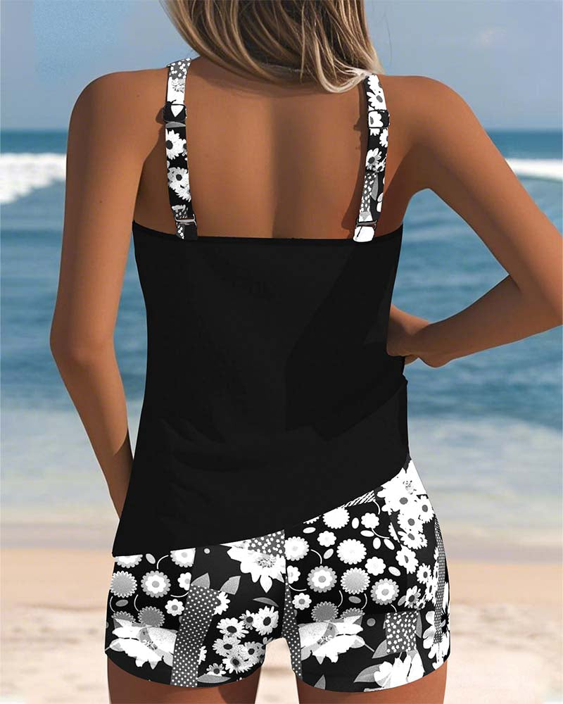 Hannelore Blau Zweiteiliges Tankini-Set für Damen | Leichter Racerback Schnitt | Strand und Pool | Florales Muster - S-3XL