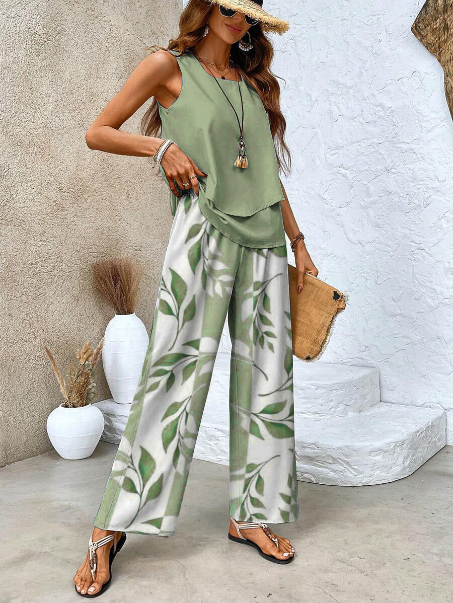 Monika Grünes Blatt Ärmellos Blattdruck Zweiteiler Damen-Set | Leichter Fliessender Look | Sommer Casual - S-3XL