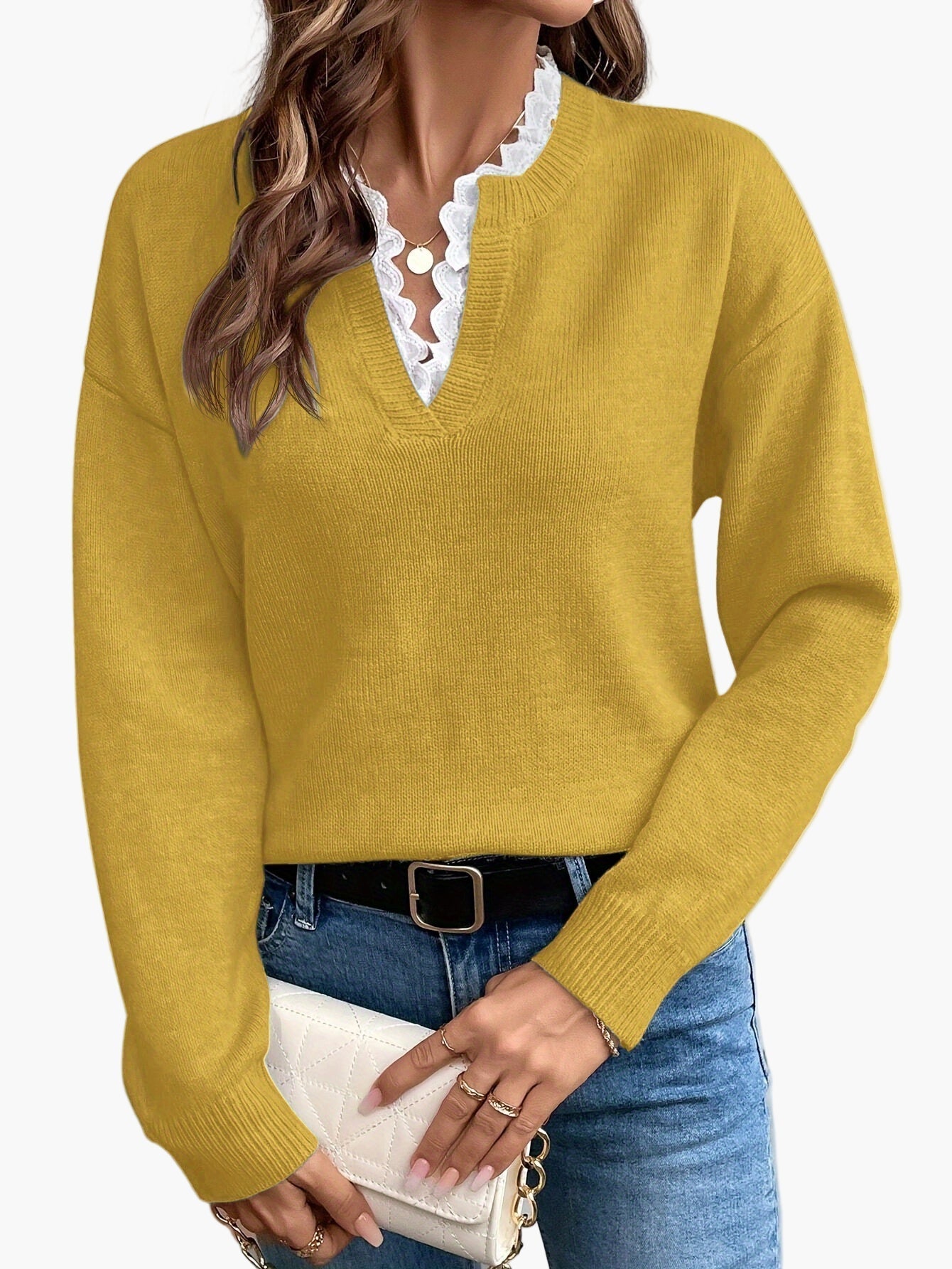 Renate Rosa Eleganter Strickpullover mit V-Ausschnitt und Spitzenbesatz für Damen | Herbst Winter Casual - XS/S/M/L/XL/XXL