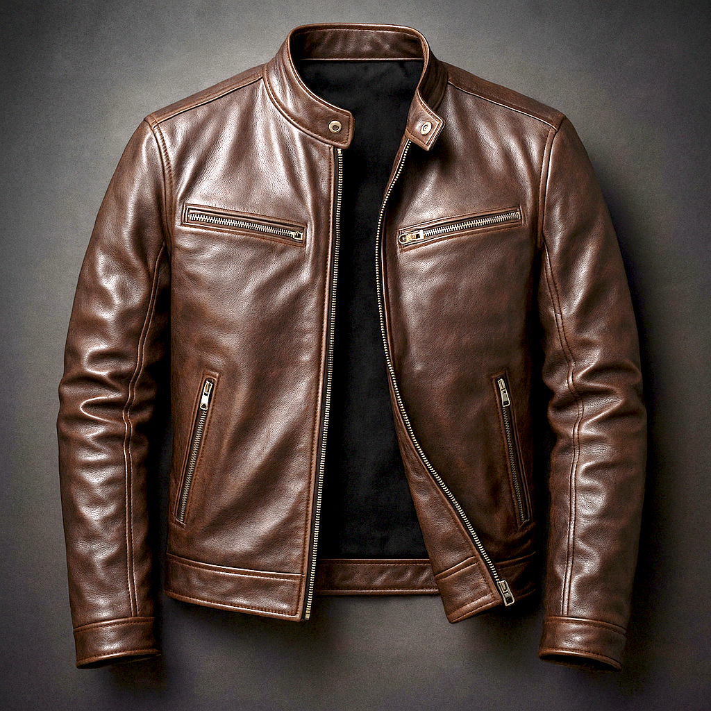 Werner Zigarrenbraun Vintage Leder-Optik Biker-Jacke für Herren | Casual Freizeit Vintage Stil - XS/S/M/L/XL/2XL/3XL
