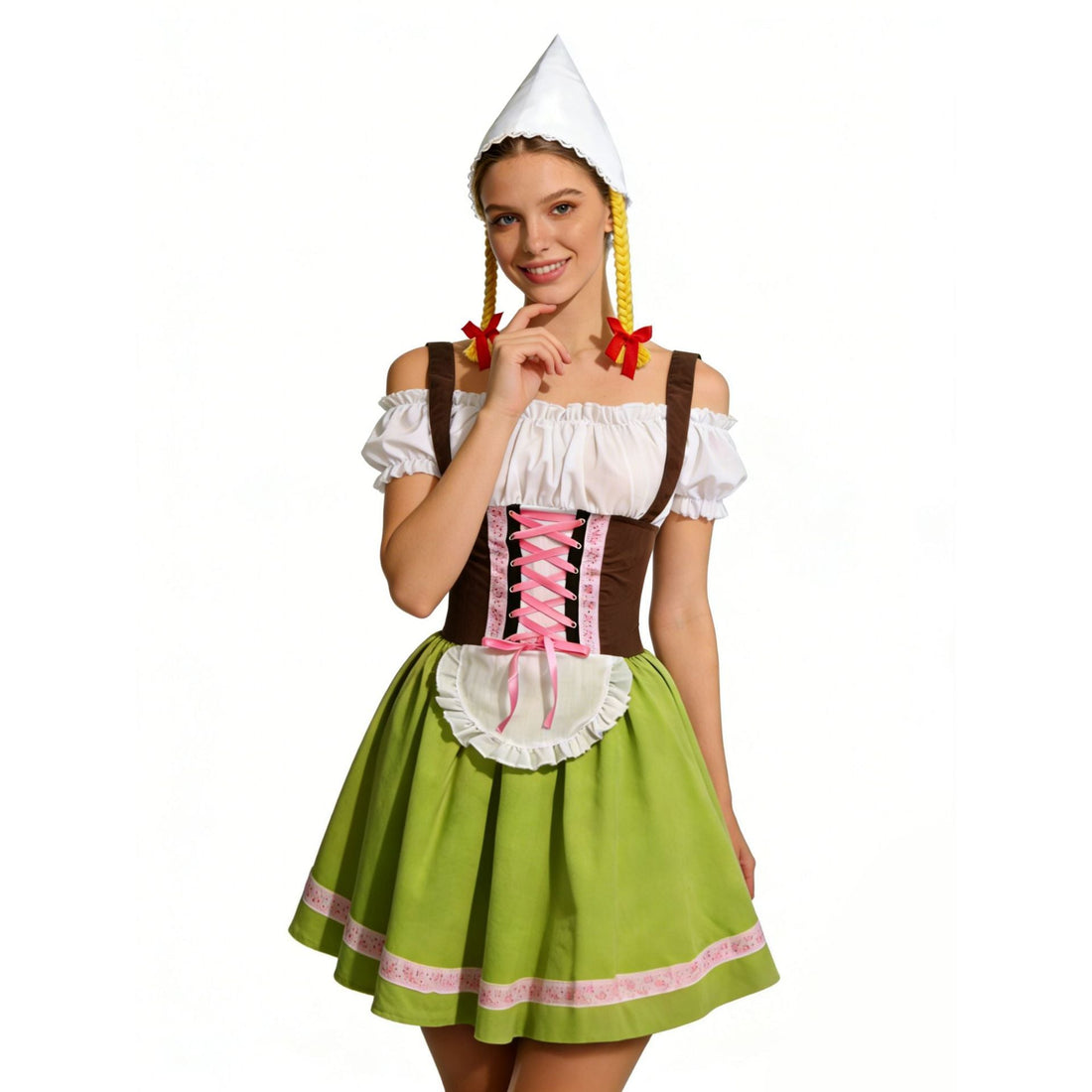 Vreni Grün Schulterfreies Dirndl Kostüm mit Schürze und Mütze für Damen | Oktoberfest Volksfest - S/M/L/XL/2XL/3XL