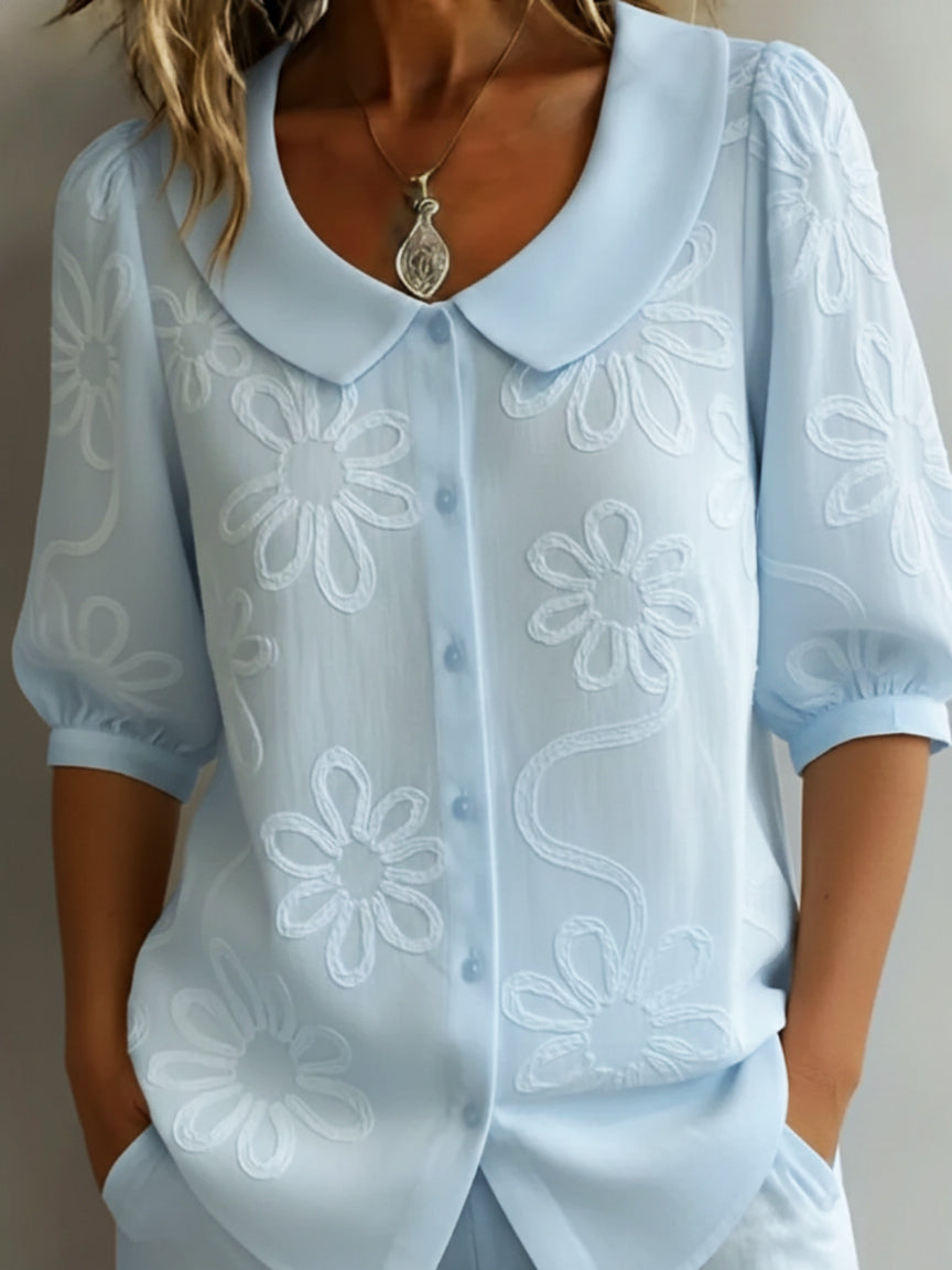 Monika Gelb Blumenbestickter Peter-Pan-Kragen Kurzarm Bluse für Damen | Leichter Femininer Fit | Alltag und Brunch - S/M/L/XL/2XL/3XL
