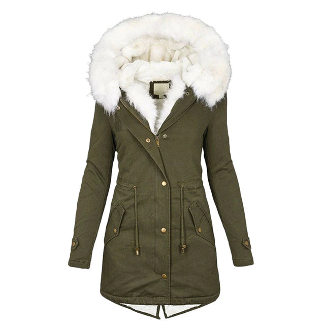 Doris Khaki Gefütterter Damen-Winterparka mit Kunstfellkragen und Kapuze | Winter Outdoor - S/M/L/XL/2XL/3XL/4XL