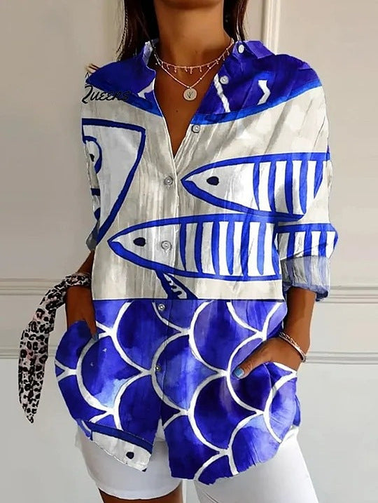 Blaire Damen Bluse | Printdesign mit Knopfleiste, 100% Baumwolle- S-5XL