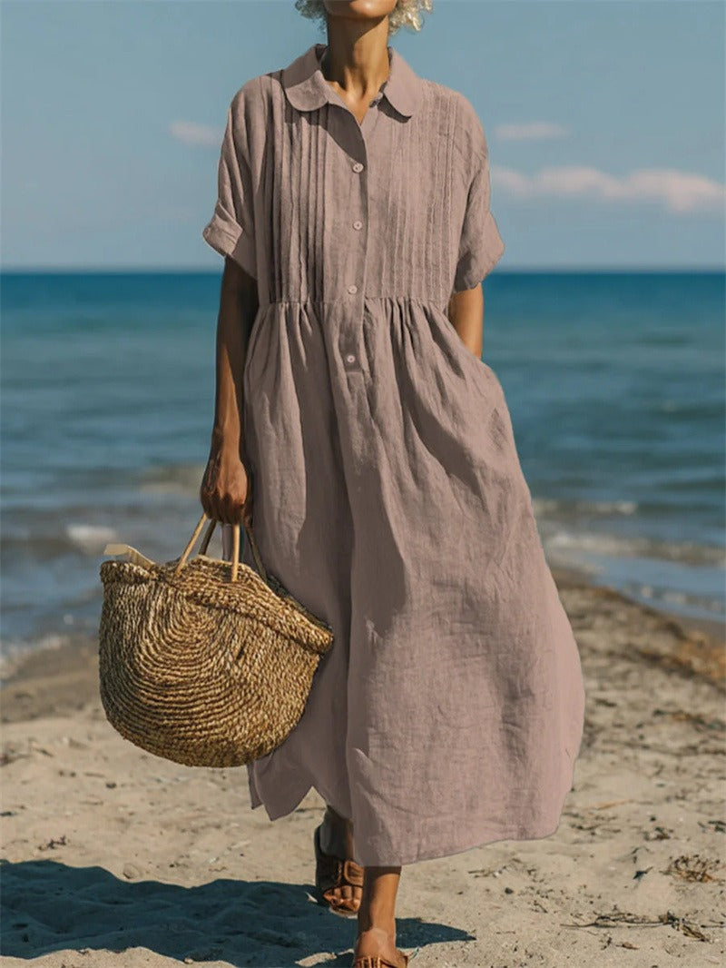 Lotte Weiss Pintuck Kragen Knopf Maxikleid für Damen | Luftig Fliessende Passform | Strand und Alltag - S-2XL