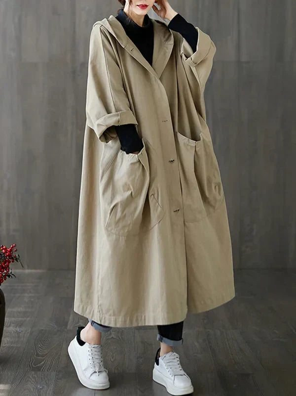 Brigitte Beige Wasserdichter Langer Trenchcoat mit Kapuze für Damen | Oversized Casual Herbst - S/M/L/XL/2XL/3XL