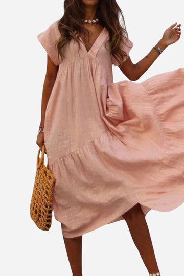 Ruth Pfirsich V-Ausschnitt Stufenkleid Midi Damen | Luftiges Sommerkleid Boho Stil | Urlaub und Alltag - S/M/L/XL/2XL/3XL/4XL/5XL