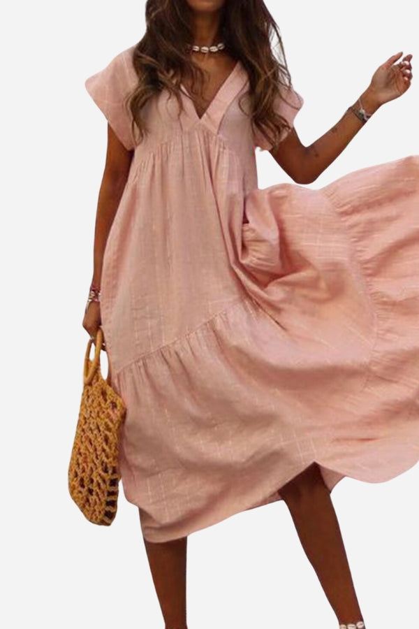 Ruth Pfirsich V-Ausschnitt Stufenkleid Midi Damen | Luftiges Sommerkleid Boho Stil | Urlaub und Alltag - S/M/L/XL/2XL/3XL/4XL/5XL