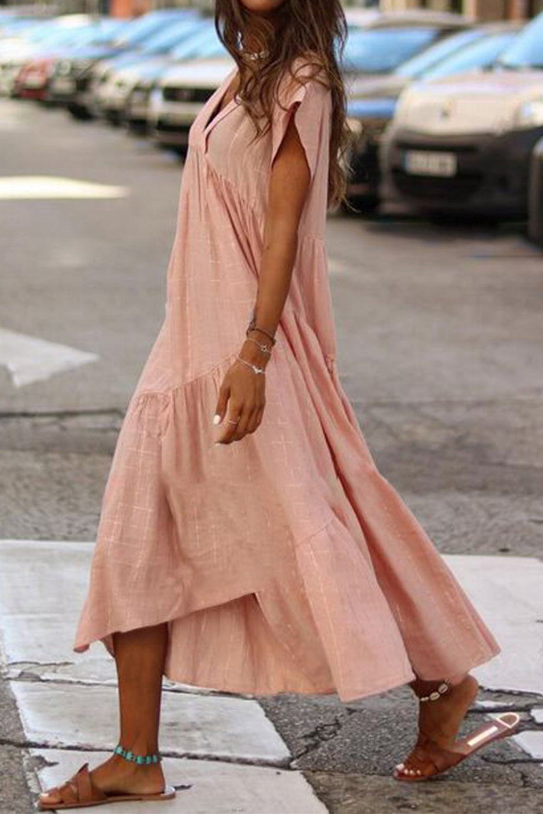 Ruth Pfirsich V-Ausschnitt Stufenkleid Midi Damen | Luftiges Sommerkleid Boho Stil | Urlaub und Alltag - S/M/L/XL/2XL/3XL/4XL/5XL