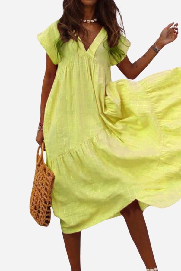 Ruth Pfirsich V-Ausschnitt Stufenkleid Midi Damen | Luftiges Sommerkleid Boho Stil | Urlaub und Alltag - S/M/L/XL/2XL/3XL/4XL/5XL