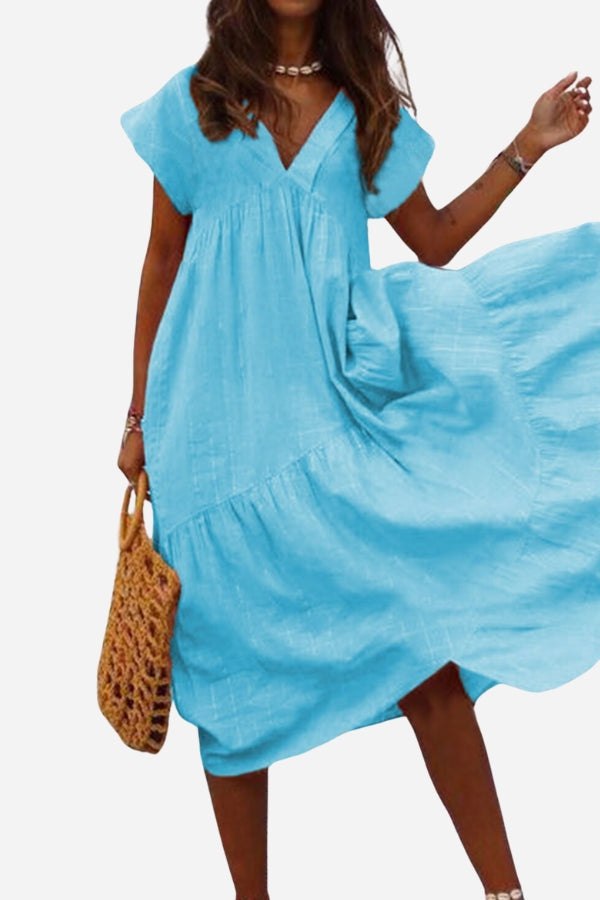 Ruth Pfirsich V-Ausschnitt Stufenkleid Midi Damen | Luftiges Sommerkleid Boho Stil | Urlaub und Alltag - S/M/L/XL/2XL/3XL/4XL/5XL