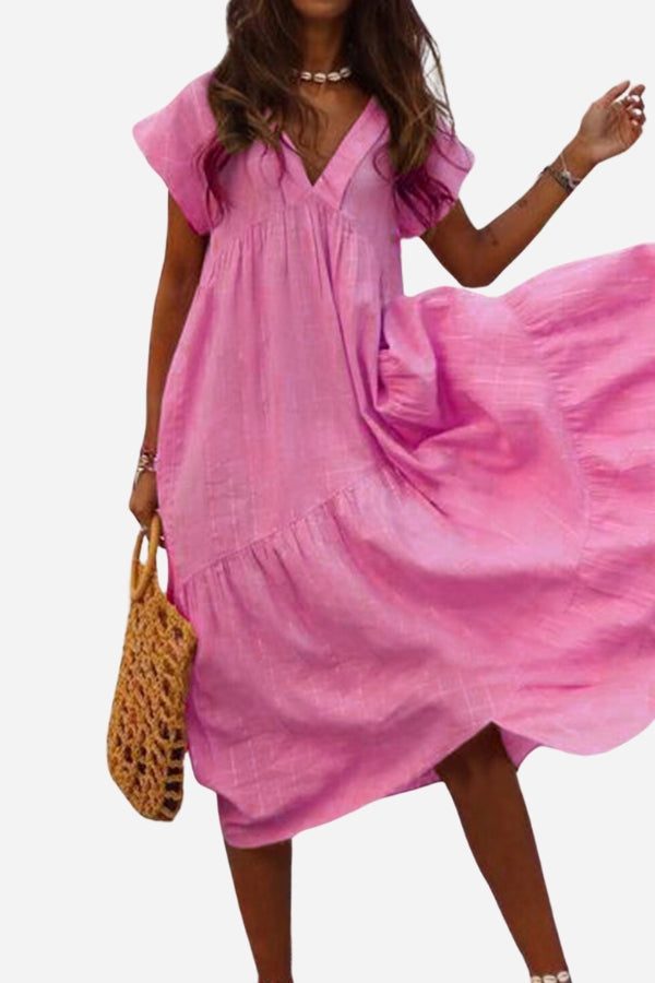 Ruth Pfirsich V-Ausschnitt Stufenkleid Midi Damen | Luftiges Sommerkleid Boho Stil | Urlaub und Alltag - S/M/L/XL/2XL/3XL/4XL/5XL