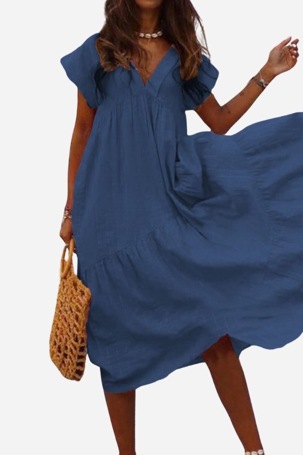 Ruth Pfirsich V-Ausschnitt Stufenkleid Midi Damen | Luftiges Sommerkleid Boho Stil | Urlaub und Alltag - S/M/L/XL/2XL/3XL/4XL/5XL