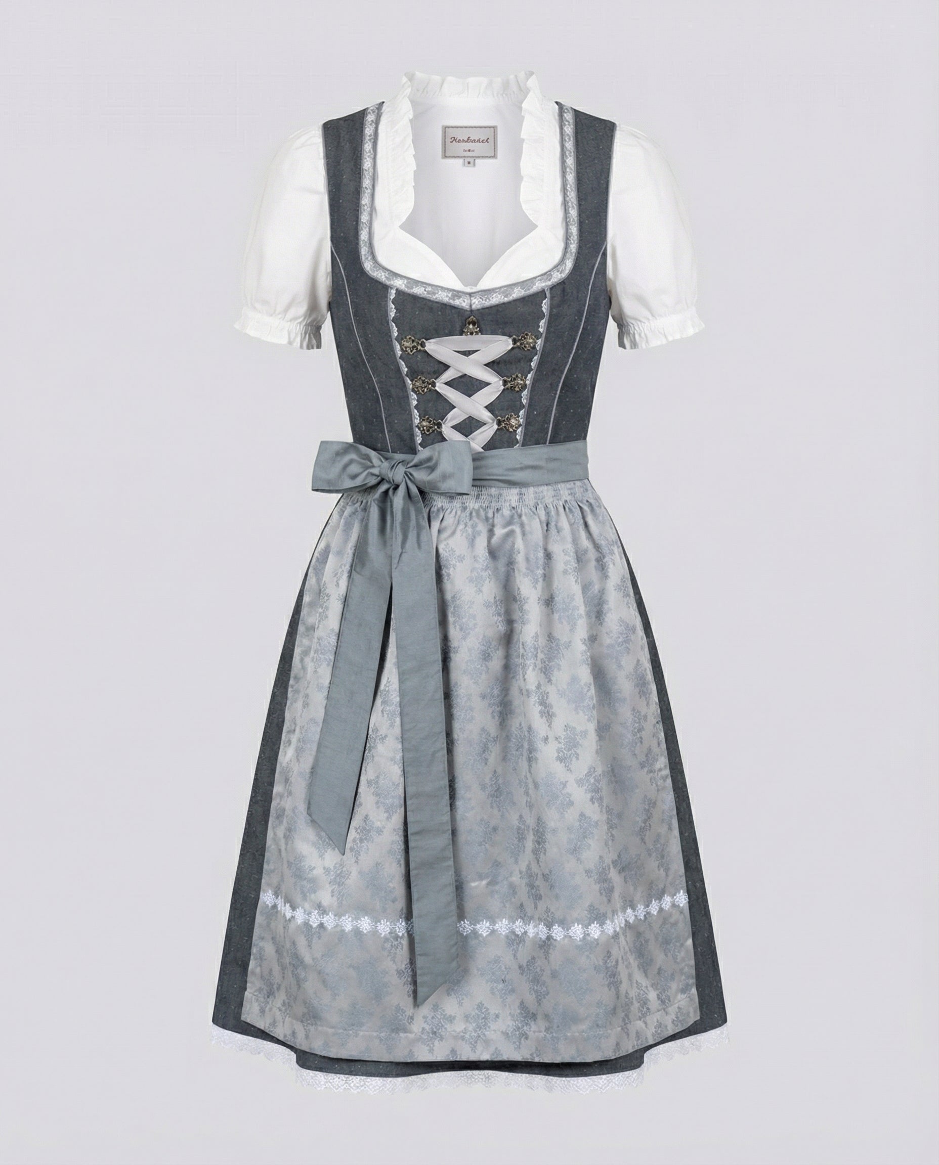 Wilhelmine Grau-Blau Midi Dirndl 3-teilig für Damen | Trachtenkleid Oktoberfest Stickerei - XS/S/M/L/XL/2XL/3XL/4XL
