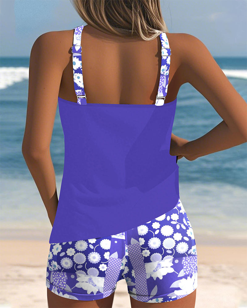 Hannelore Blau Zweiteiliges Tankini-Set für Damen | Leichter Racerback Schnitt | Strand und Pool | Florales Muster - S-3XL