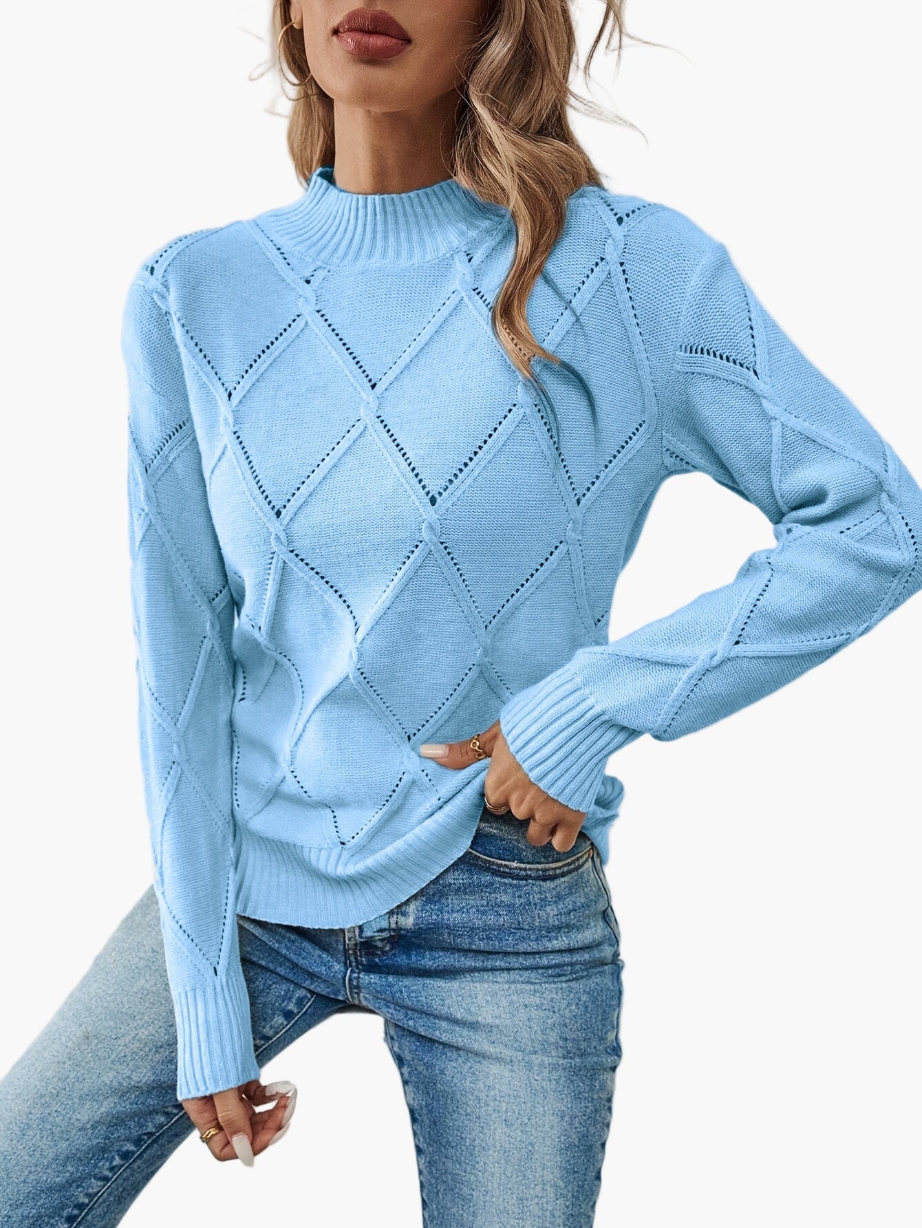 Regina Hellblau Rautenmuster Strickpullover für Damen | Rundhals Casual Büro - S/M/L/XL/2XL