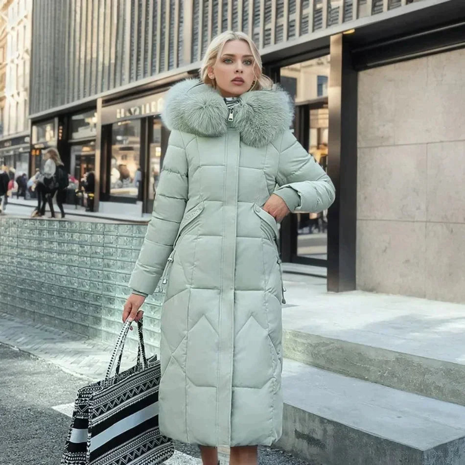 Hannelore Weiss Isolierter Longline Steppmantel mit Kapuze und Kunstfell für Damen | Winter Stadtlook - S/M/L/XL/2XL/3XL/4XL