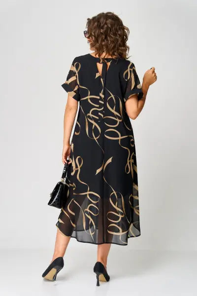 Rosemarie Schwarz Gold-Print Chiffon Midikleid für Damen | Fliessend Elegant | Curvy Plus Size - S/M/L/XL/2XL