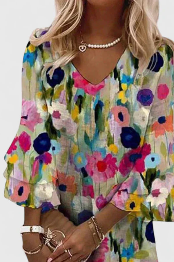 Petra Mehrfarbiges Florales Aquarell Minikleid für Damen | V-Ausschnitt Rüschenärmel Feminin - 2XS-5XL