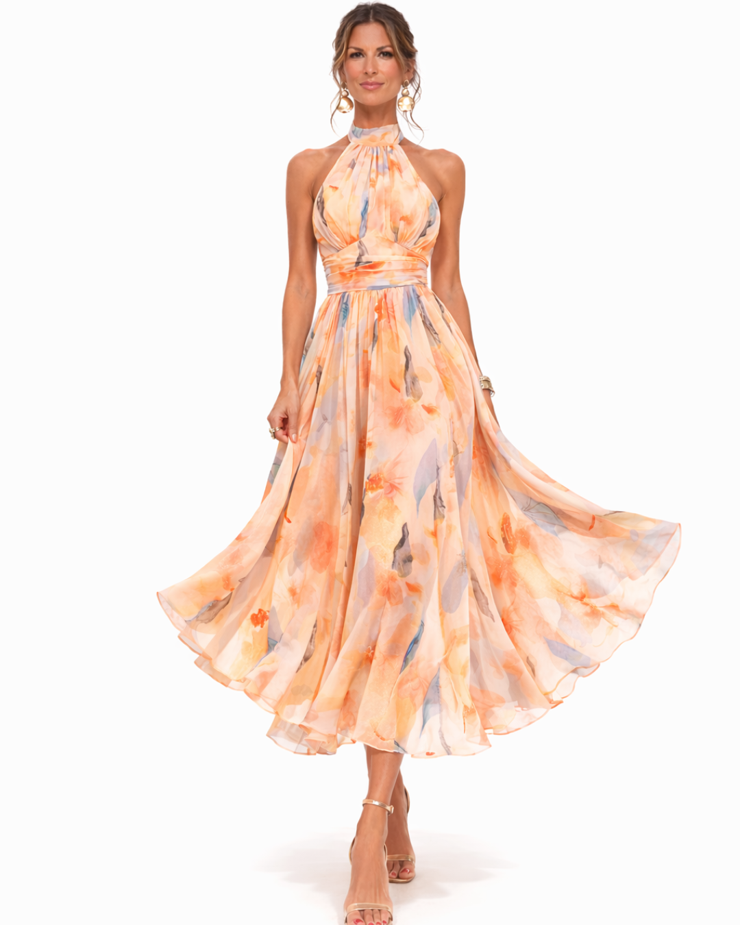 Rosemarie Peach Aquarell-Print Halter Neck Midi Kleid für Damen | Fliessende A-Linie | Hochzeit & Sommerfeier - S/M/L/XL/2XL/3XL