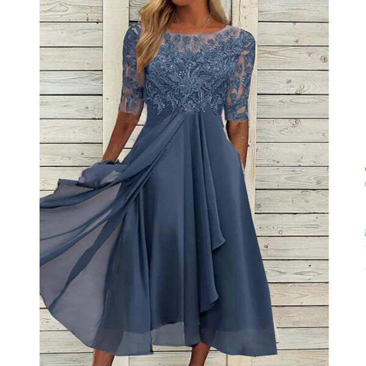 Rosemarie Grün Spitzen-Chiffon Midikleid für Damen | Elegante A-Linie | Hochzeit & Abendanlass - S/M/L/XL/2XL/3XL