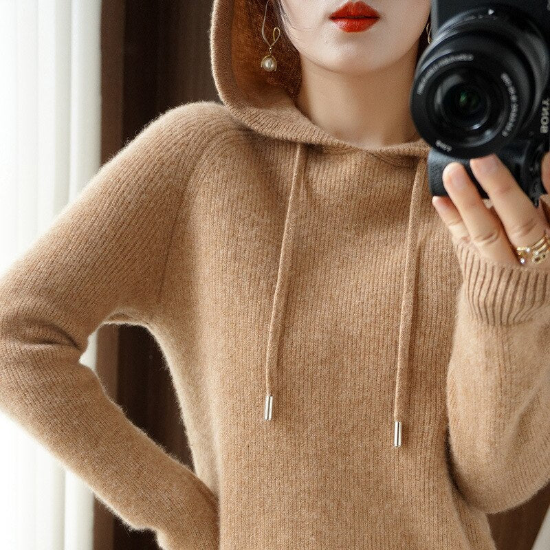 Waltraud Beige Weicher Strick-Kapuzenpullover für Damen | Relaxed Fit mit Kapuze Casual Winter - S/M/L/XL/2XL