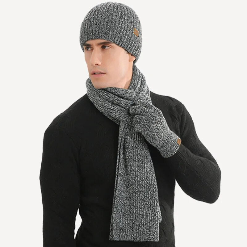 Rolf Grau Strickset Mütze Schal Handschuhe für Herren | Winter Casual - Einheitsgrösse
