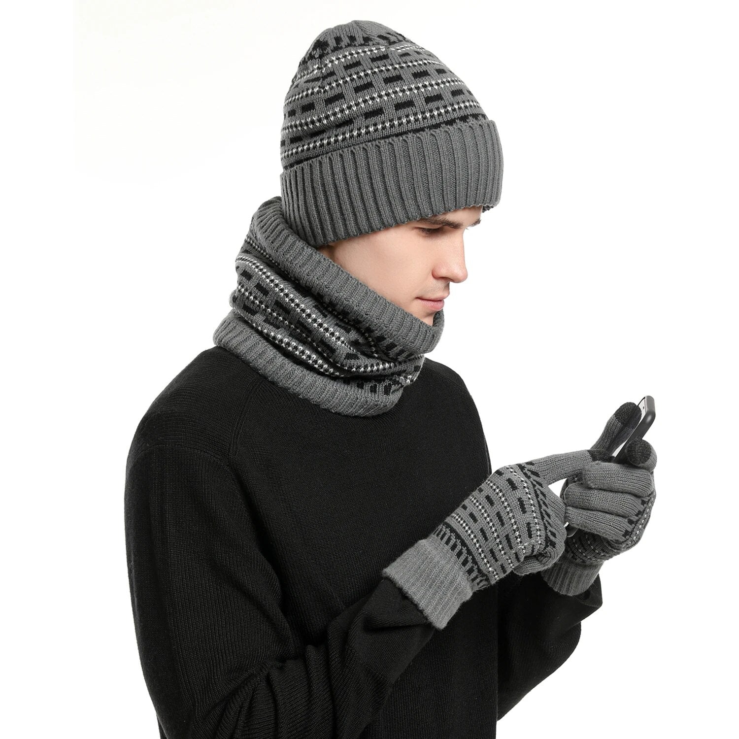 Theo Hellgrau Gefüttertes Strick-Winterset Mütze Schal Handschuhe für Herren | Winter Outdoor Casual - Einheitsgrösse