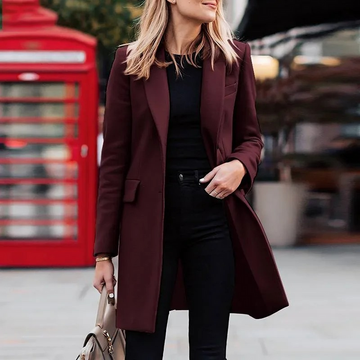 Madeleine Weinrot Langer Mantel mit Blazer-Kragen für Damen | Eleganter Longline Stil - S/M/L/XL/2XL/3XL/4XL/5XL