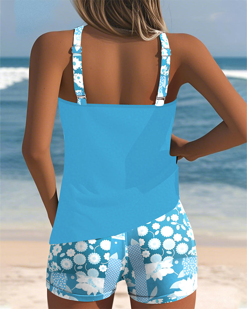 Hannelore Blau Zweiteiliges Tankini-Set für Damen | Leichter Racerback Schnitt | Strand und Pool | Florales Muster - S-3XL