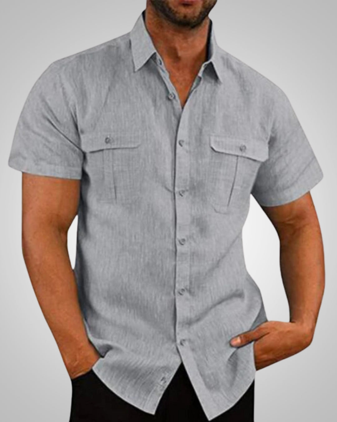 Beat Hellblau Leinenoptik Kurzarm-Hemd mit Brusttaschen für Herren | Casual Relaxed Fit - M/L/XL/2XL/3XL/4XL/5XL