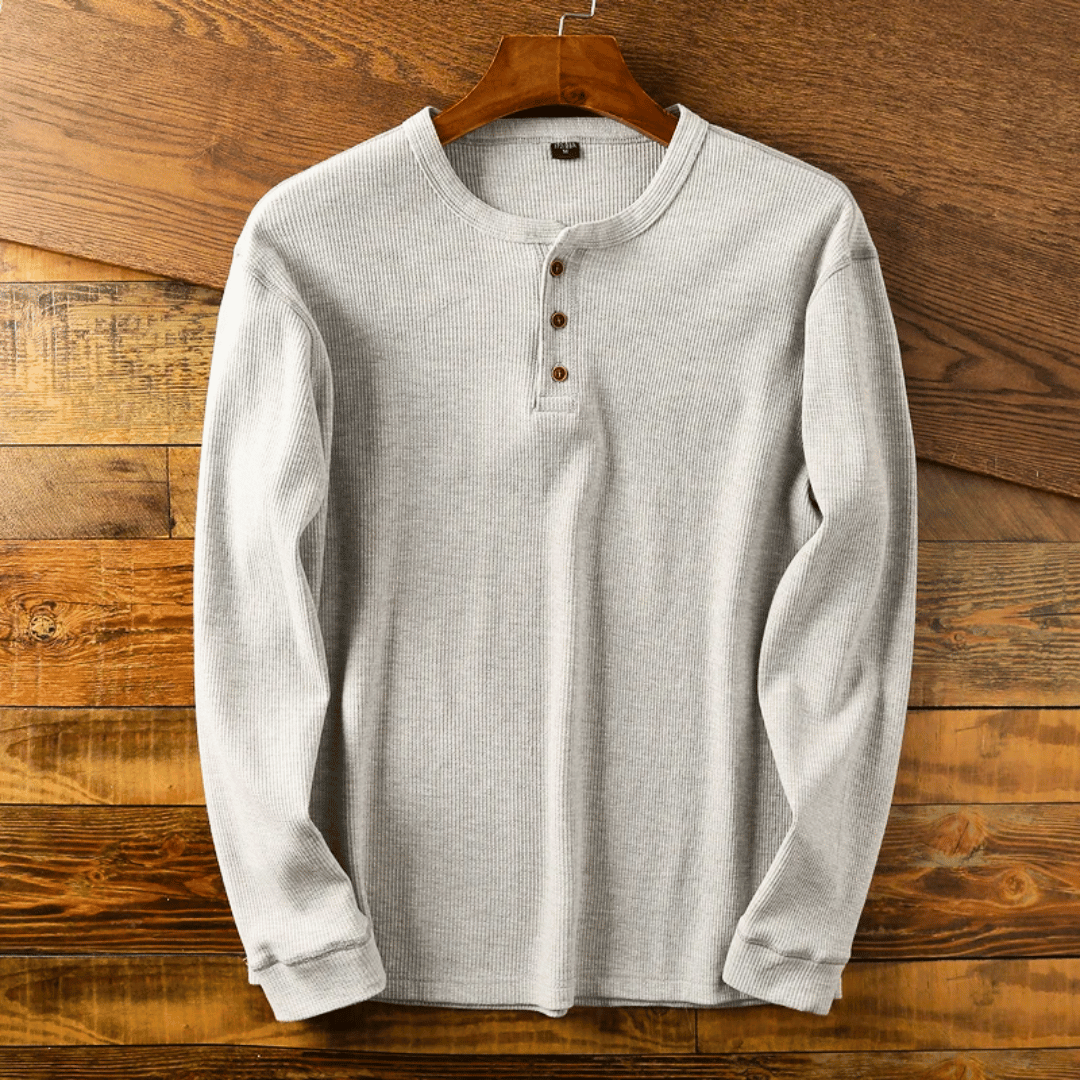Werner Grau Geripptes Langarm-Henley-Shirt für Herren | Entspannter Komfort | Alltag & Freizeit - S/M/L/XL/2XL