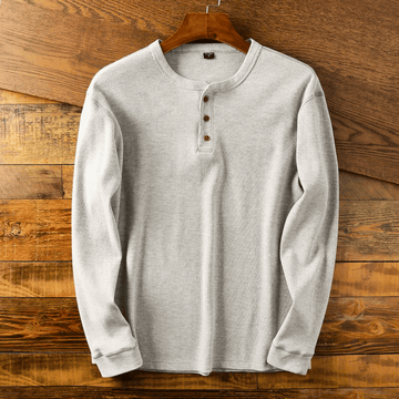 Werner Grau Geripptes Langarm-Henley-Shirt für Herren | Entspannter Komfort | Alltag & Freizeit - S/M/L/XL/2XL