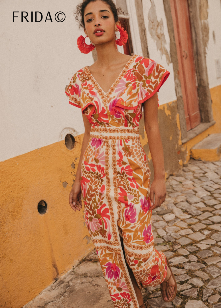 Rosemarie Mehrfarbig Florales Rüschen-Maxikleid für Damen | Leichtes Sommerkleid | Offener Rücken - S/M/L/XL