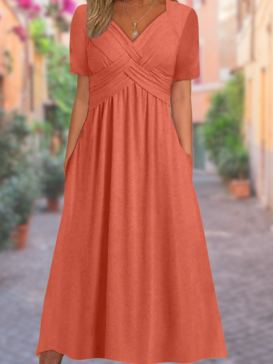 Monika Grau Kreuzrücken V-Ausschnitt Midi-Kleid für Damen | Elegante A-Linie mit Taschen - S/M/L/XL/2XL/3XL