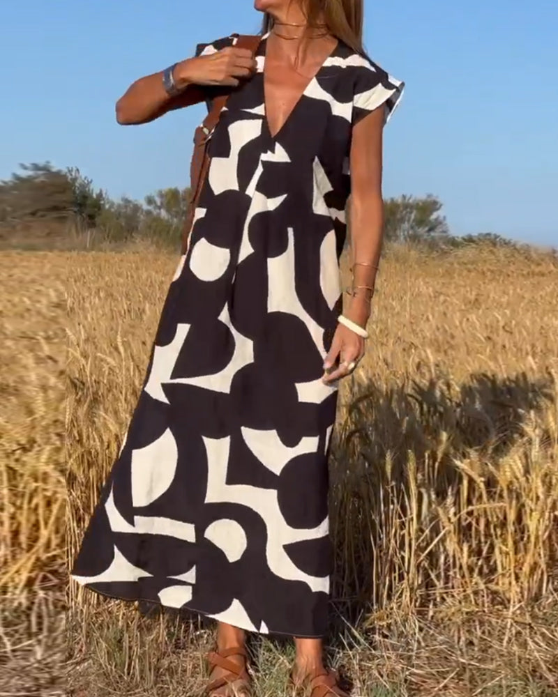 Monika Schwarz-Weiß Abstrakt-Print V-Ausschnitt Maxikleid für Damen | Leichte Fliessende Passform | Sommerkleid - S/M/L/XL/2XL/3XL